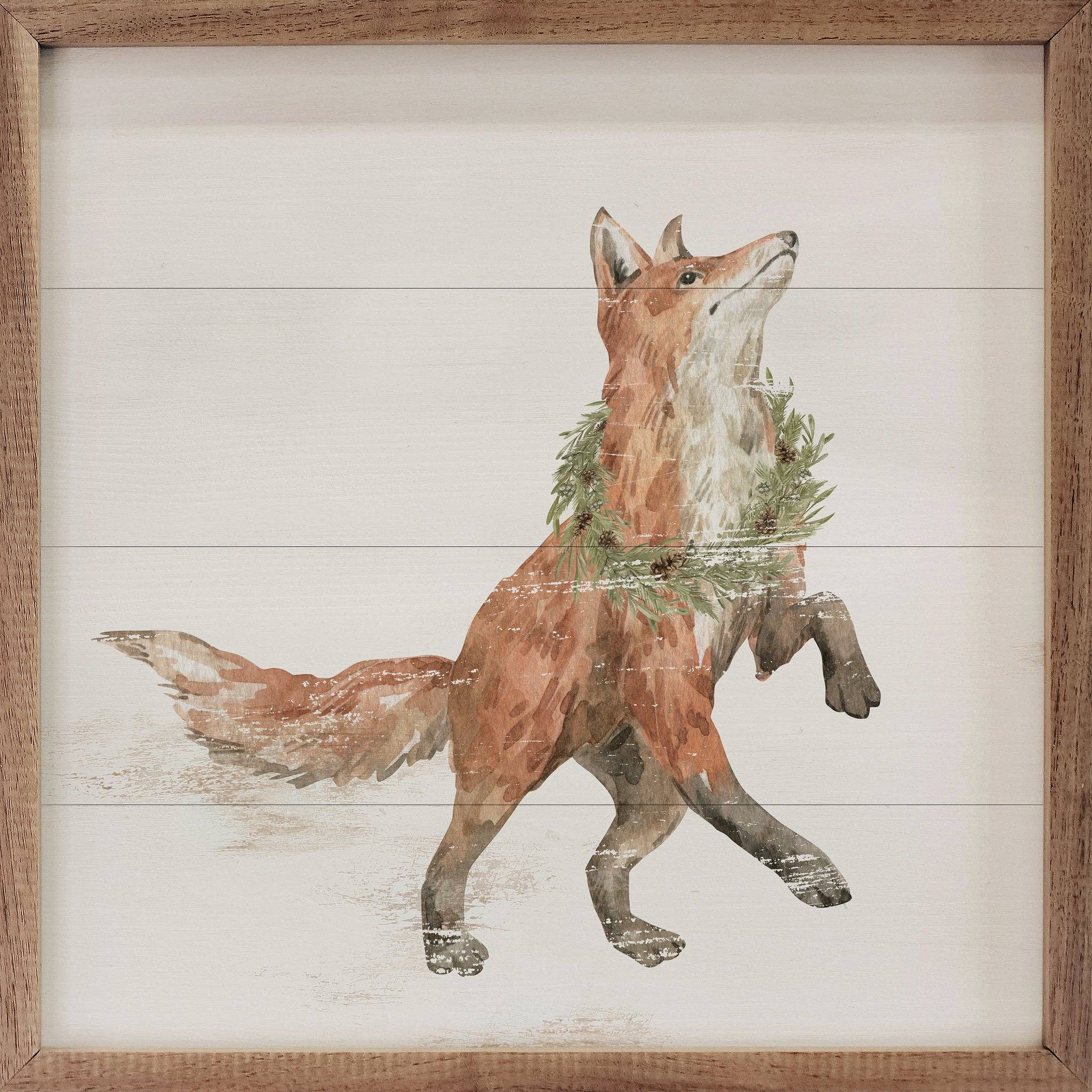 Fox With Pine Wreath Whitewash