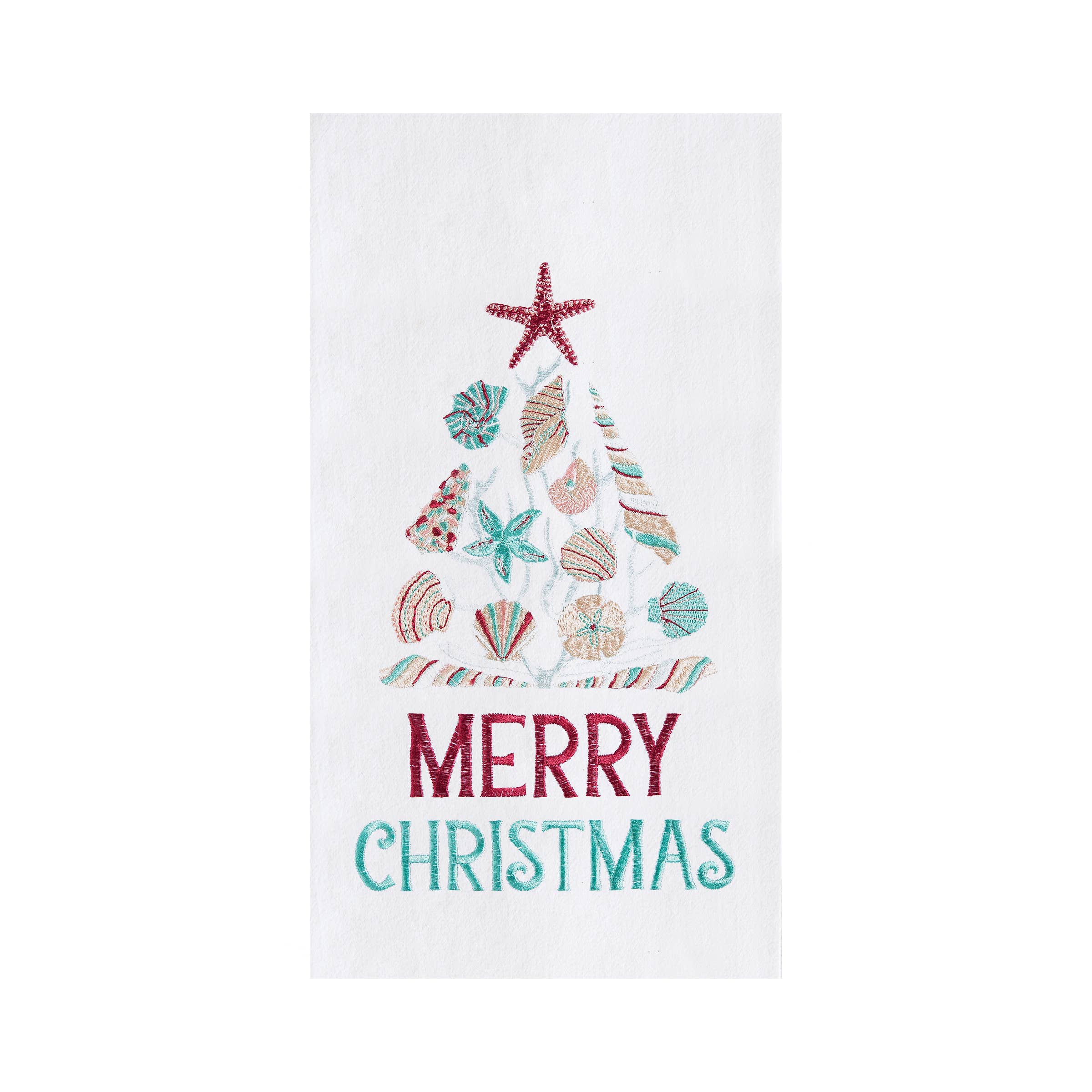 Merry Christmas Tree Coastal Seashells Kitchen Towel